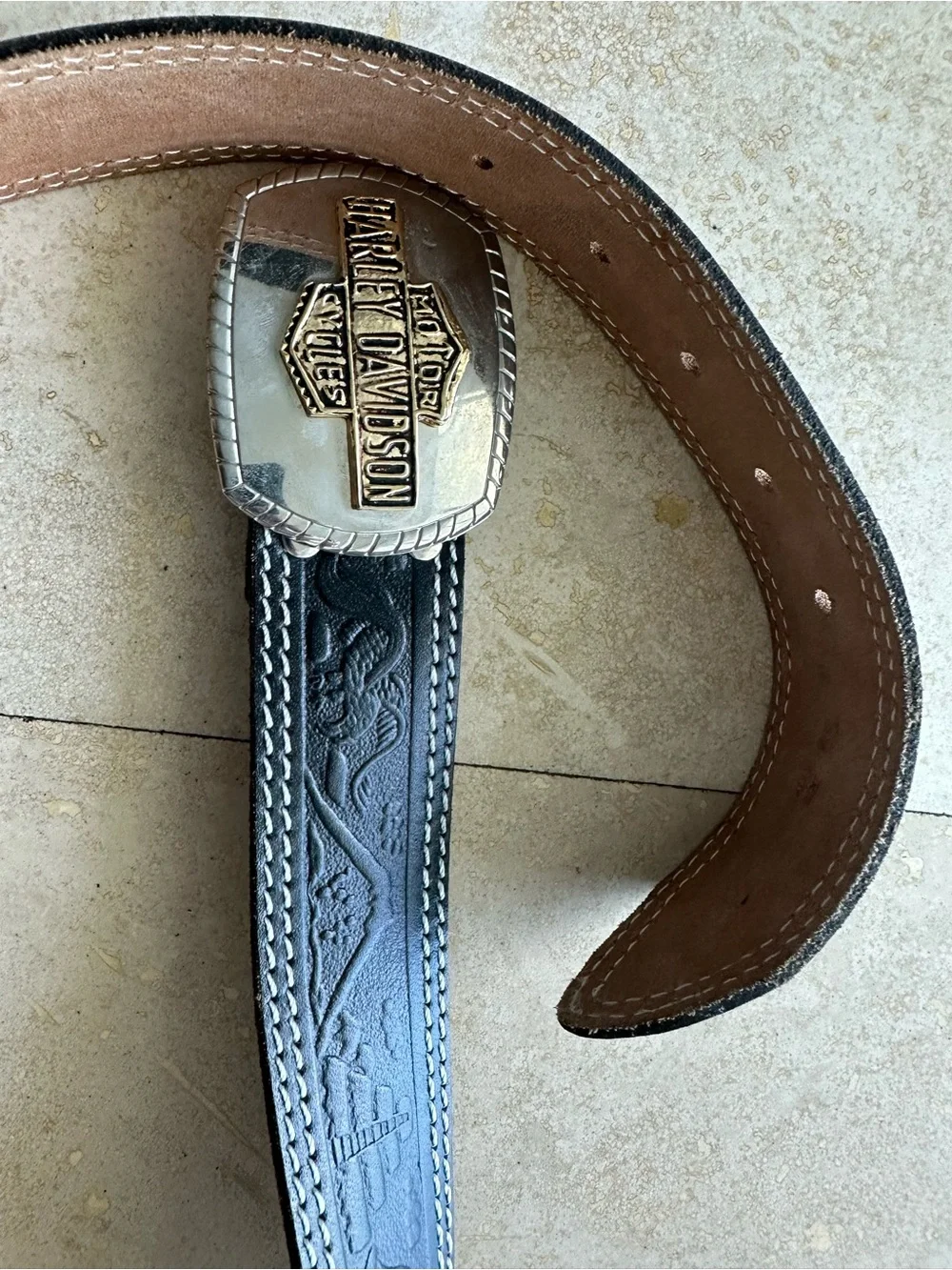 Vintage Harley-Davidson Black Leather Belt with Two-Tone Logo Buckle